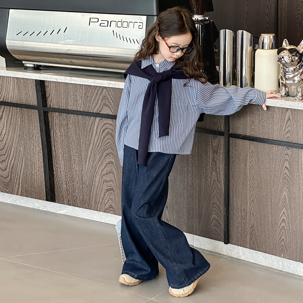 女童气质秋装条纹衬衫披肩套装2025新款中大童时髦潮流高品质童装