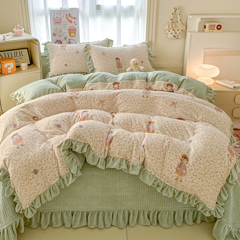 法式高端家纺冬季公主风牛奶绒四件套加厚保暖床盖毛绒被套夹棉床