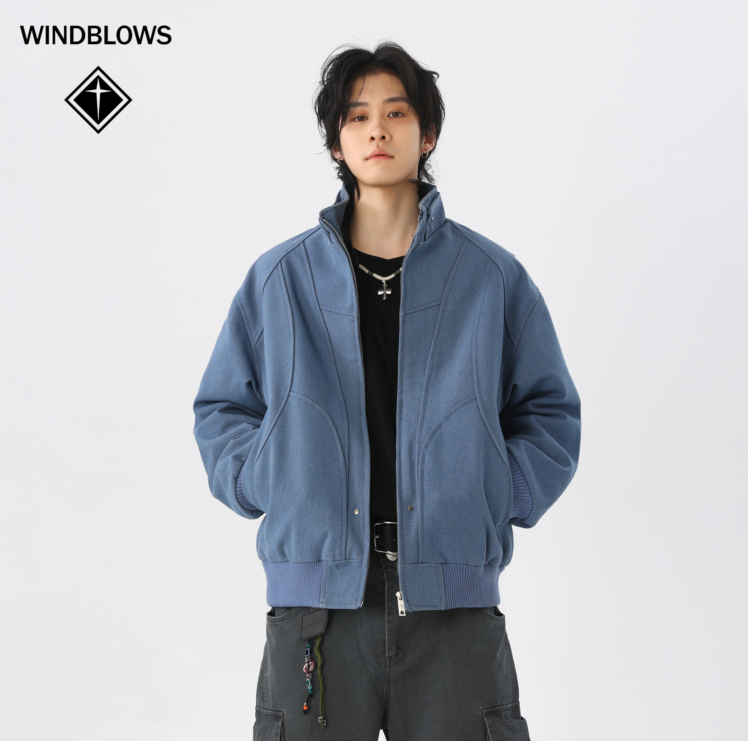 WIND BLOWS2025重磅水洗帆布休闲百搭修身立领夹克男士宽松外套