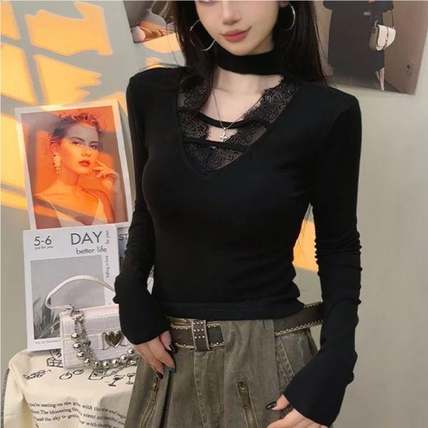 大码女装微胖mm性感辣妹风长袖t恤显瘦百搭v领蕾丝花边磨毛打底衫