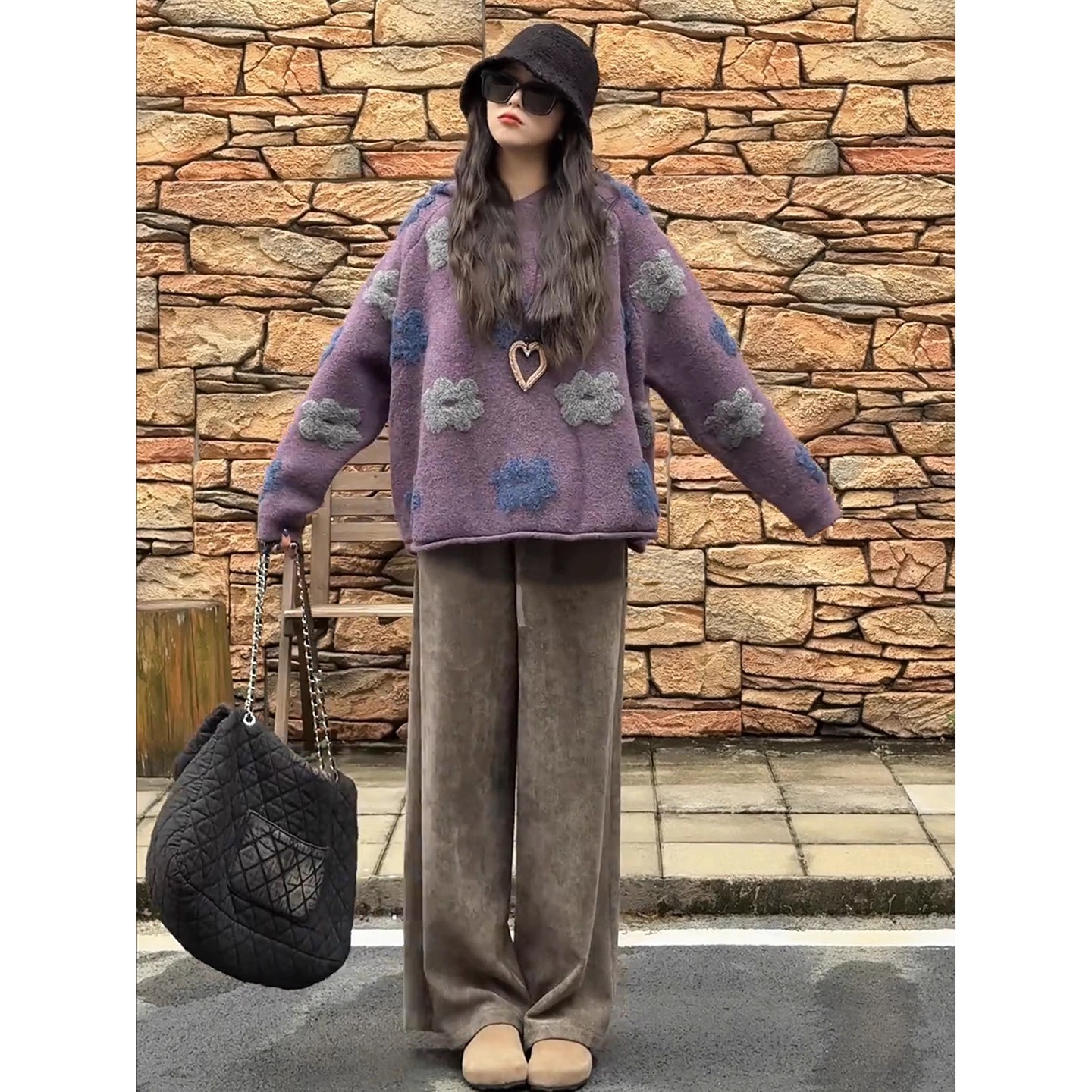 紫色花朵毛衣女秋季2025新款今年流行巨好看慵懒独特绝美软糯外套
