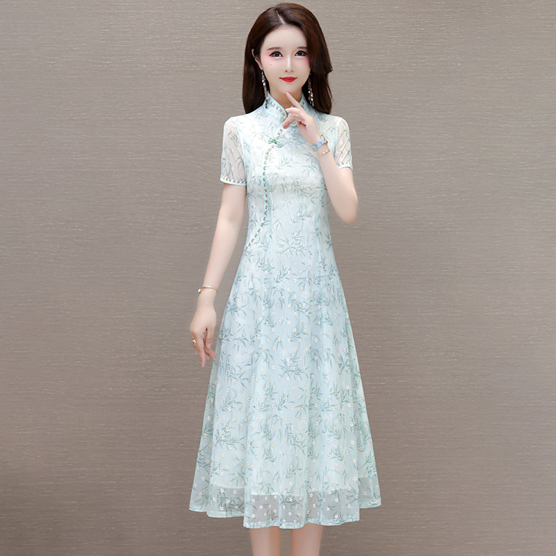 连衣裙裙子显瘦气质夏季修身小个子洋气蕾丝时尚复古中长款中国风