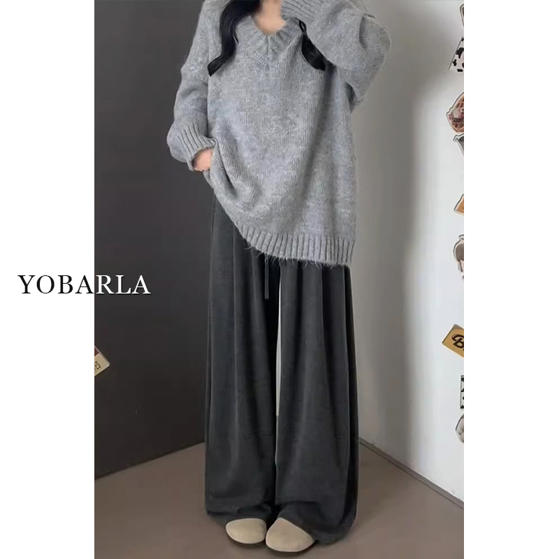 灰色糯米休闲裤女高腰秋冬胖mm大码宽松加绒梨形身材显瘦直筒裤子