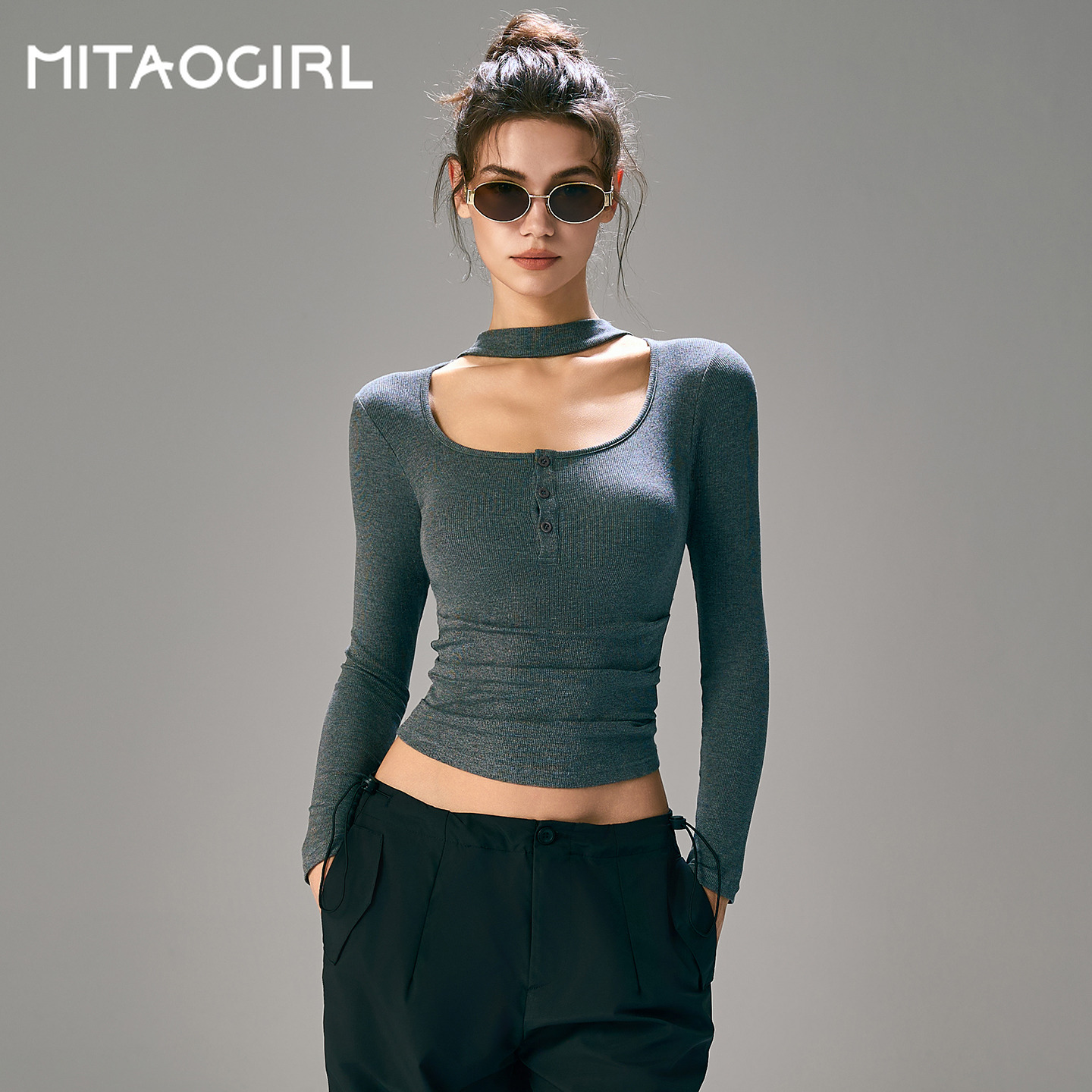 MITAOGIRL瑜伽服带胸垫设计感纽扣显瘦普拉提训练健身上衣长袖