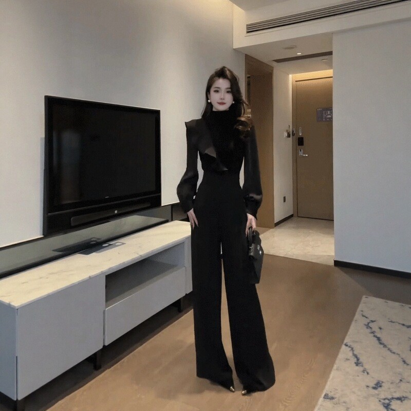 2025秋季新款高级感半高领长袖T恤上衣+高腰显瘦西装阔腿裤两件套