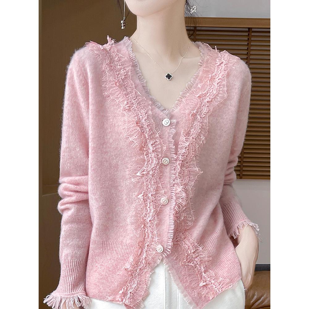 重工时尚减龄洋气开衫女V领内搭蕾丝花边上衣秋季韩版针织衫外套