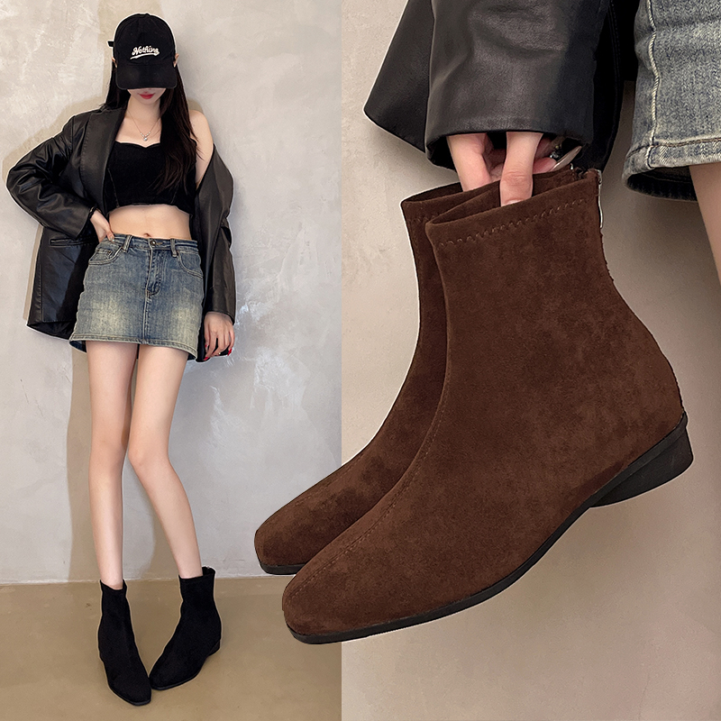 内增高短靴女靴2025秋冬季新款韩版简约短筒靴后拉链方头时装靴女