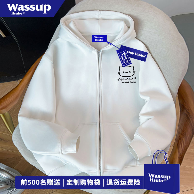 WASSUP HSUBE 嘻哈可爱小猫印花白色外套秋冬季百搭连帽开衫卫衣