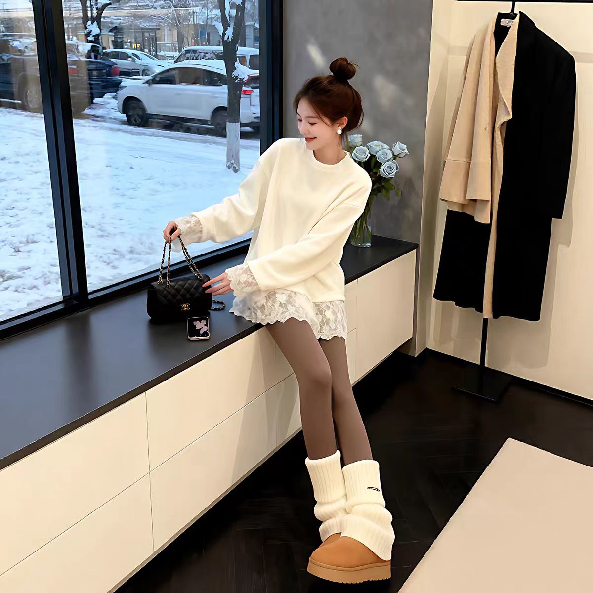 加绒白色打底衫女内搭2026新款秋冬宽松遮屁股蕾丝长袖T恤上衣ins