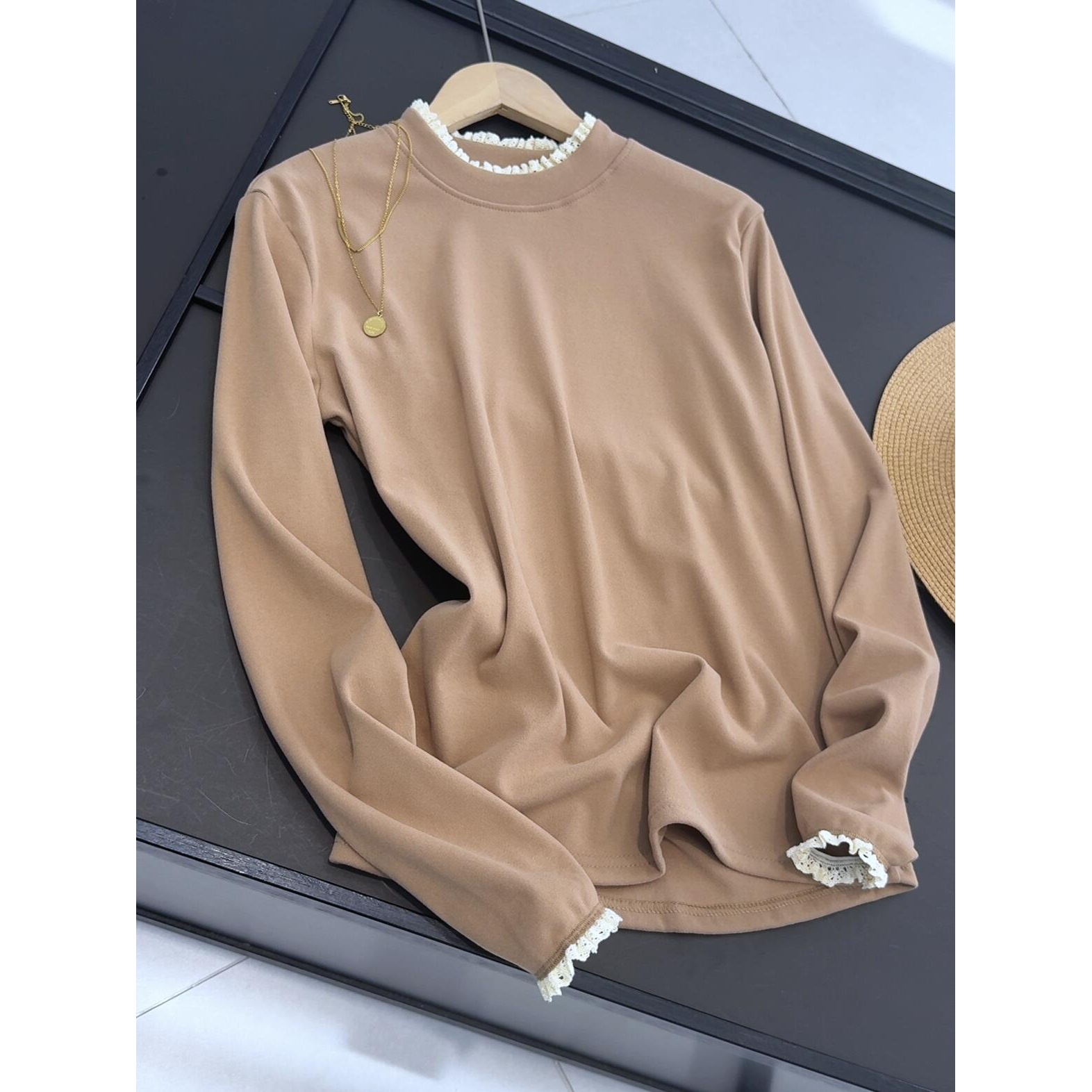 木耳边半高领纯色花边袖时尚百搭打底衫T恤叠穿外穿好看