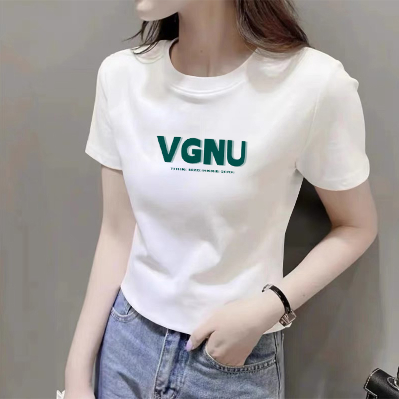 正肩显瘦短袖t恤女夏季修身半袖大码体恤衫圆领打底字母印花上衣