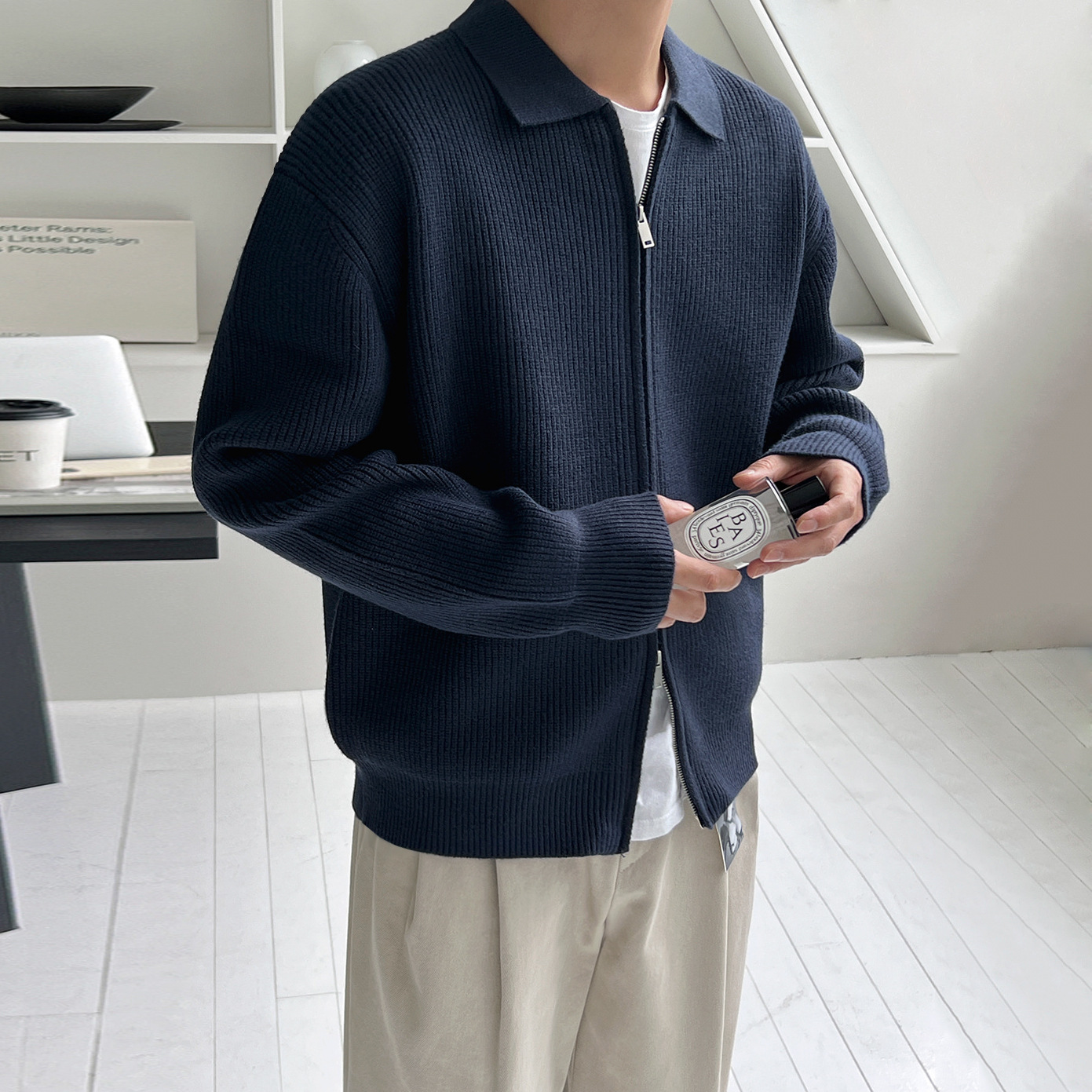 老钱风翻领毛衣男士冬季宽松休闲外套韩系通勤简约拉链针织开衫