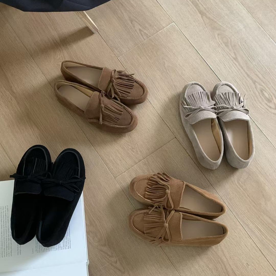 99180真皮单鞋流苏一脚蹬圆头豆豆鞋乐福鞋夏季日系休闲百搭