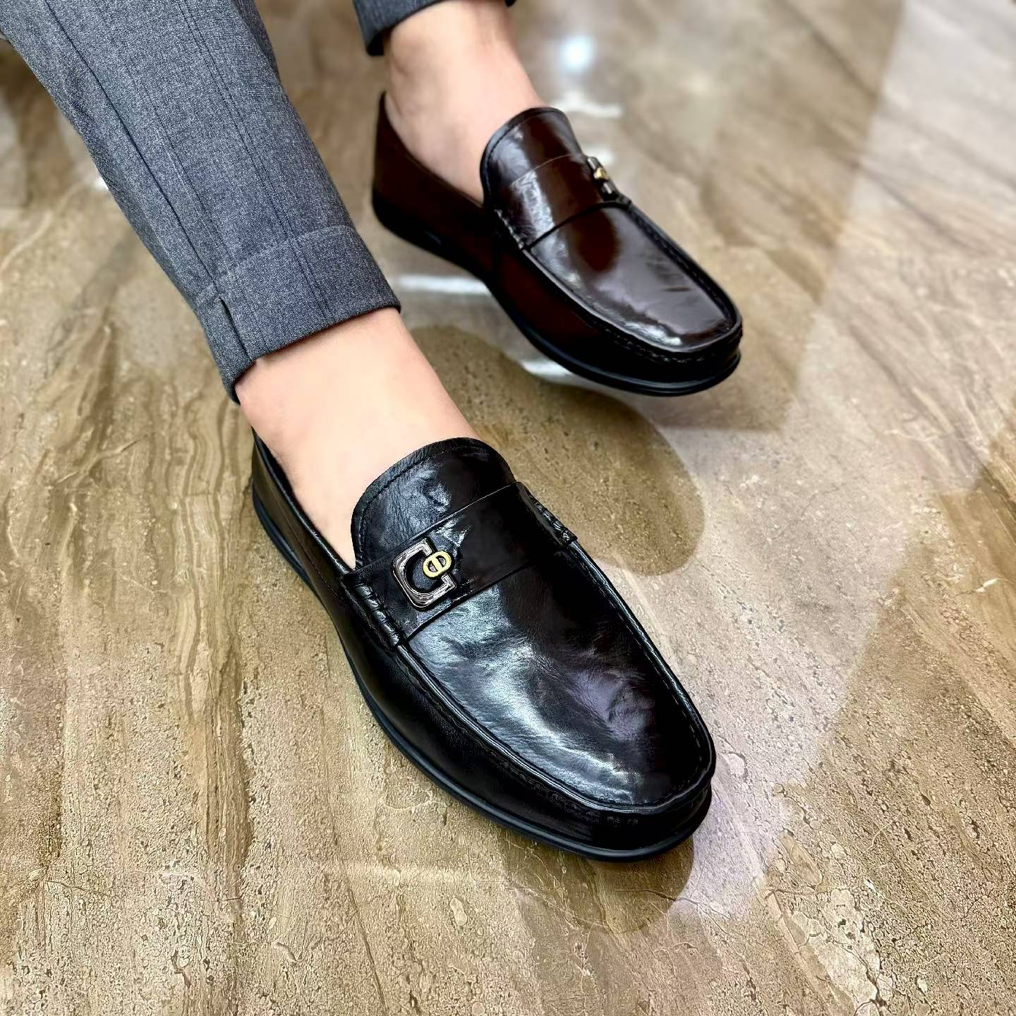 头层牛皮百搭豆豆鞋男轻便软底舒服乐福鞋时尚百搭一脚蹬皮鞋