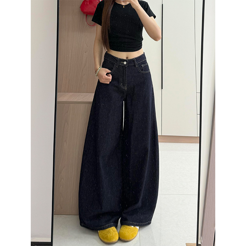 深色高腰宽松显瘦拖地牛仔裤女2025夏秋新款休闲高级感百搭直筒裤