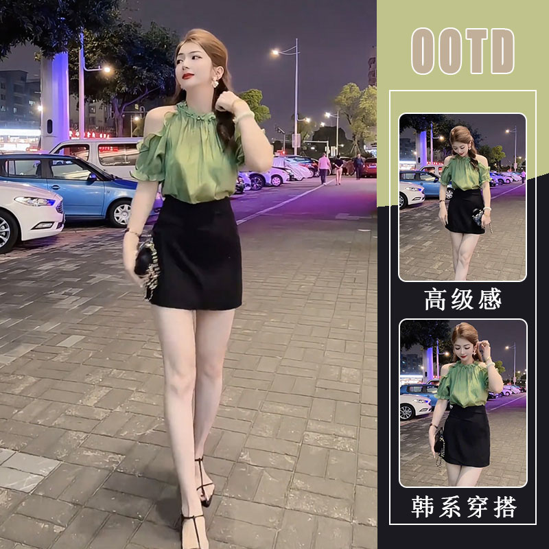 时尚套装女2025新款夏季气质减龄上衣花朵露肩衬衫+半身裙两件套