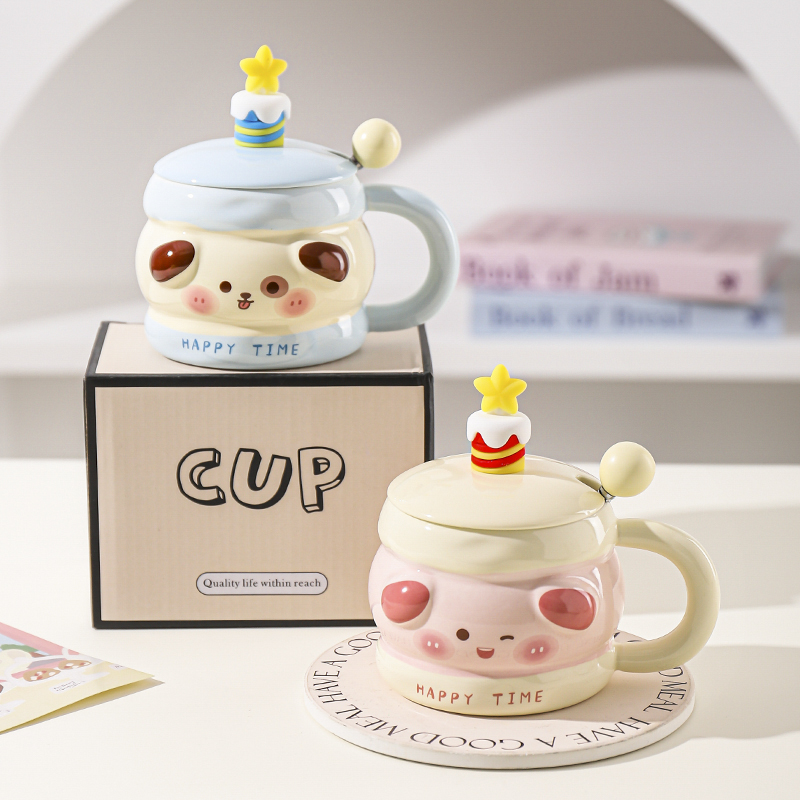 川岛屋蛋糕马克杯陶瓷杯子家用喝水带盖带勺早餐杯高颜值生日礼物