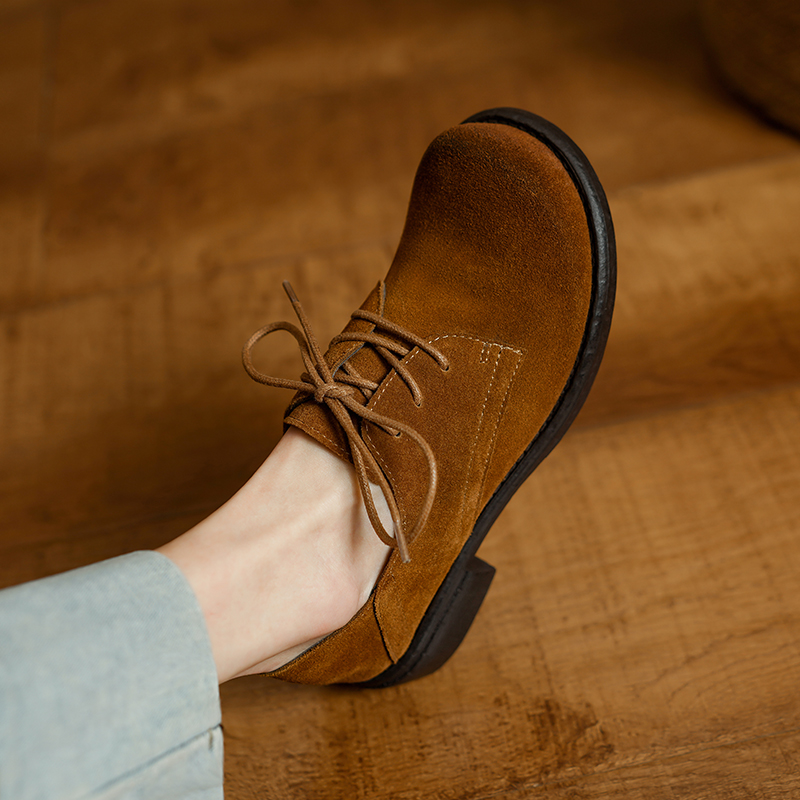 跟高3.5厘米/真皮中跟系带秋季深口单鞋复古百搭休闲厚底小皮鞋女