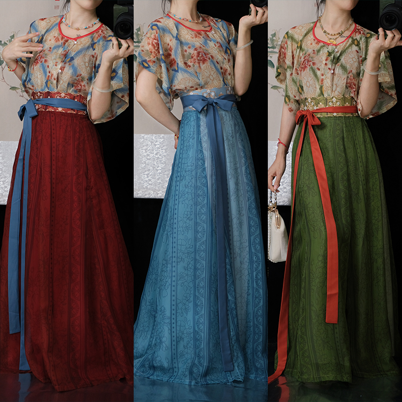 曹州莘月原创汉服女【胭脂红】唐制圆领夏季薄款团花日常破裙修身款