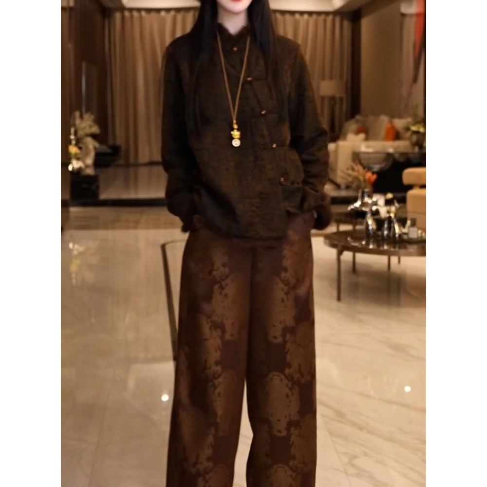 新中式文艺风裤套装女2025秋冬新款高级感轻奢夹棉盘扣衬衫+裤子