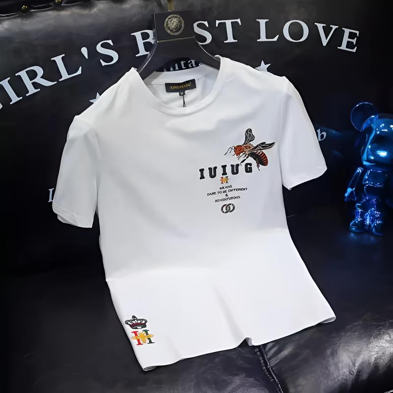 香港潮牌欧洲站小蜜蜂刺绣短袖T恤男士夏季丝光男修身青年半袖衫