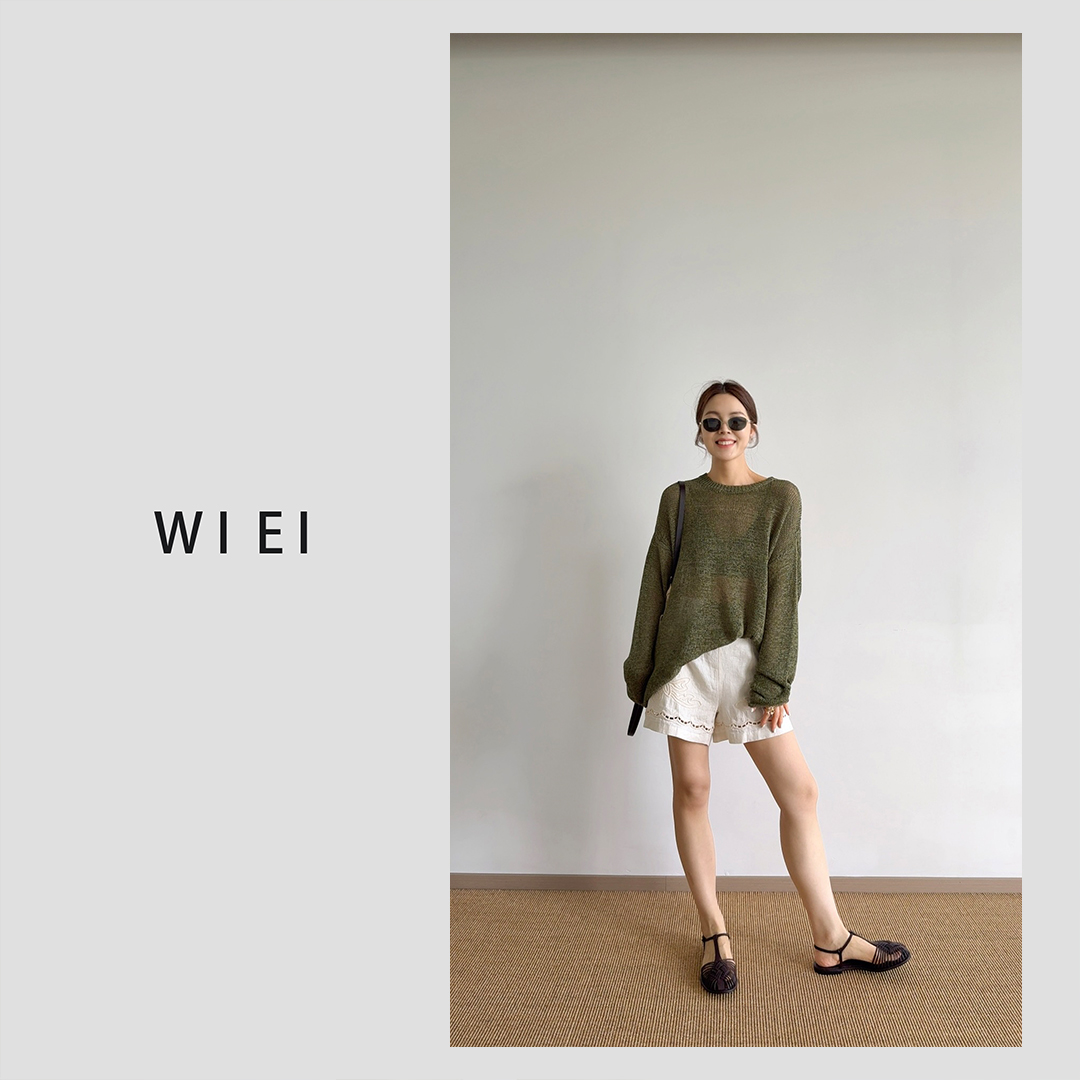 《WI EI》微光*亚麻&棉 镂空肌理感 蓬松落肩袖 针织罩衫W25209010