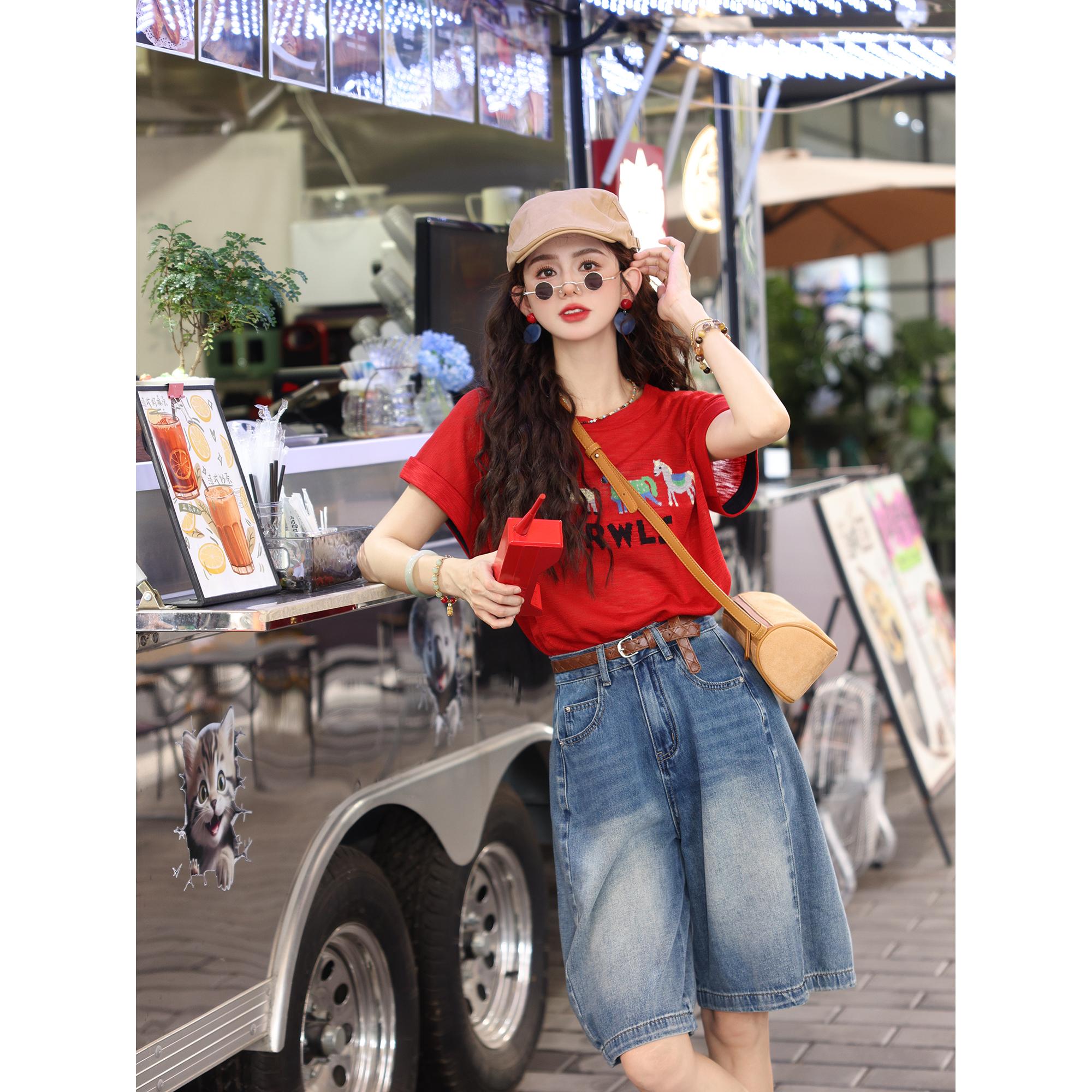 夏季新款水洗阔腿牛仔五分裤薄款小个子宽松显示遮肉休闲中裤