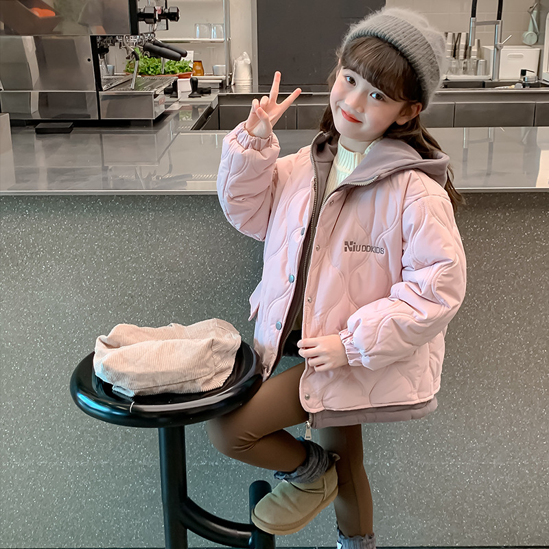 女童外套秋冬款2025新款洋气儿童加绒加厚冬季棉服假两件夹棉上衣