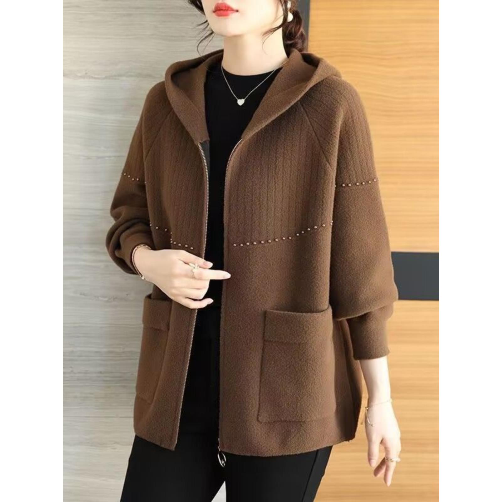 妈妈秋冬装仿双面毛呢外套新款中老年女装秋季大码宽松针织上衣