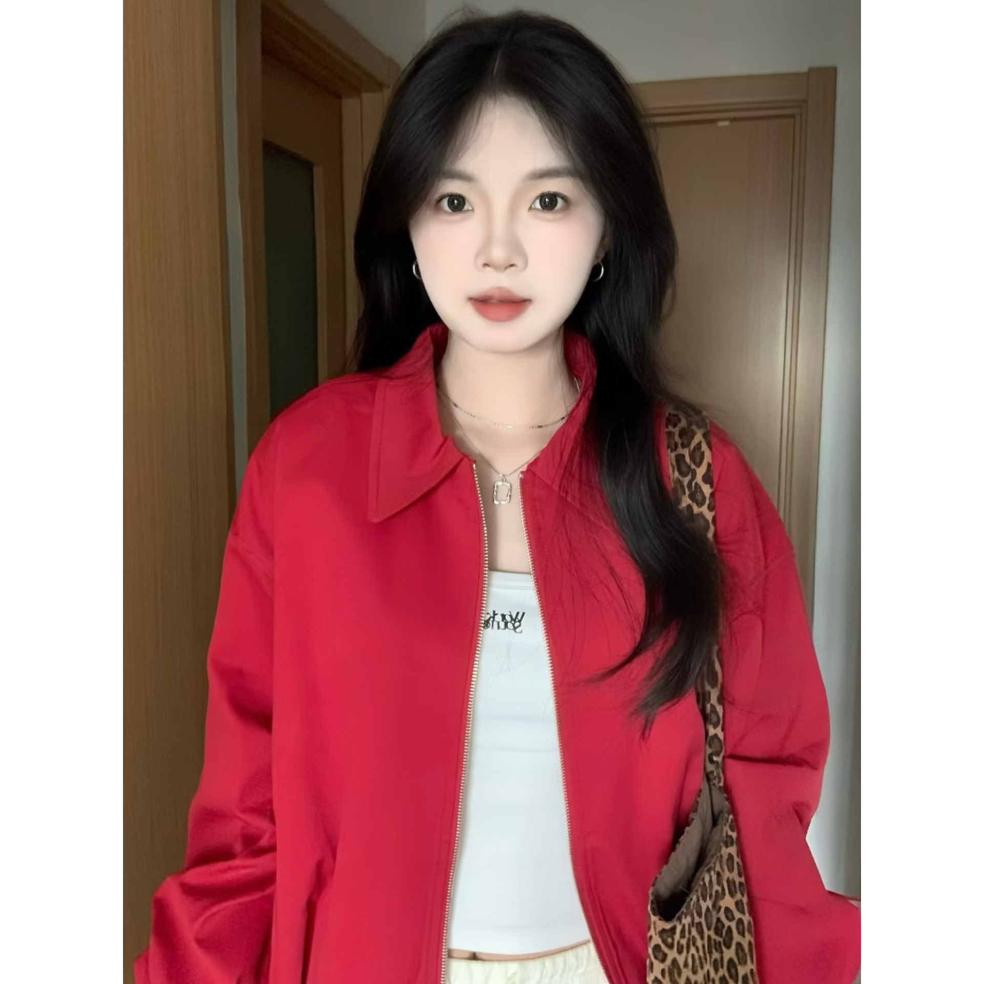 红色哈灵顿翻领工装夹克男女春季新款基础百搭休闲短款宽松外套潮