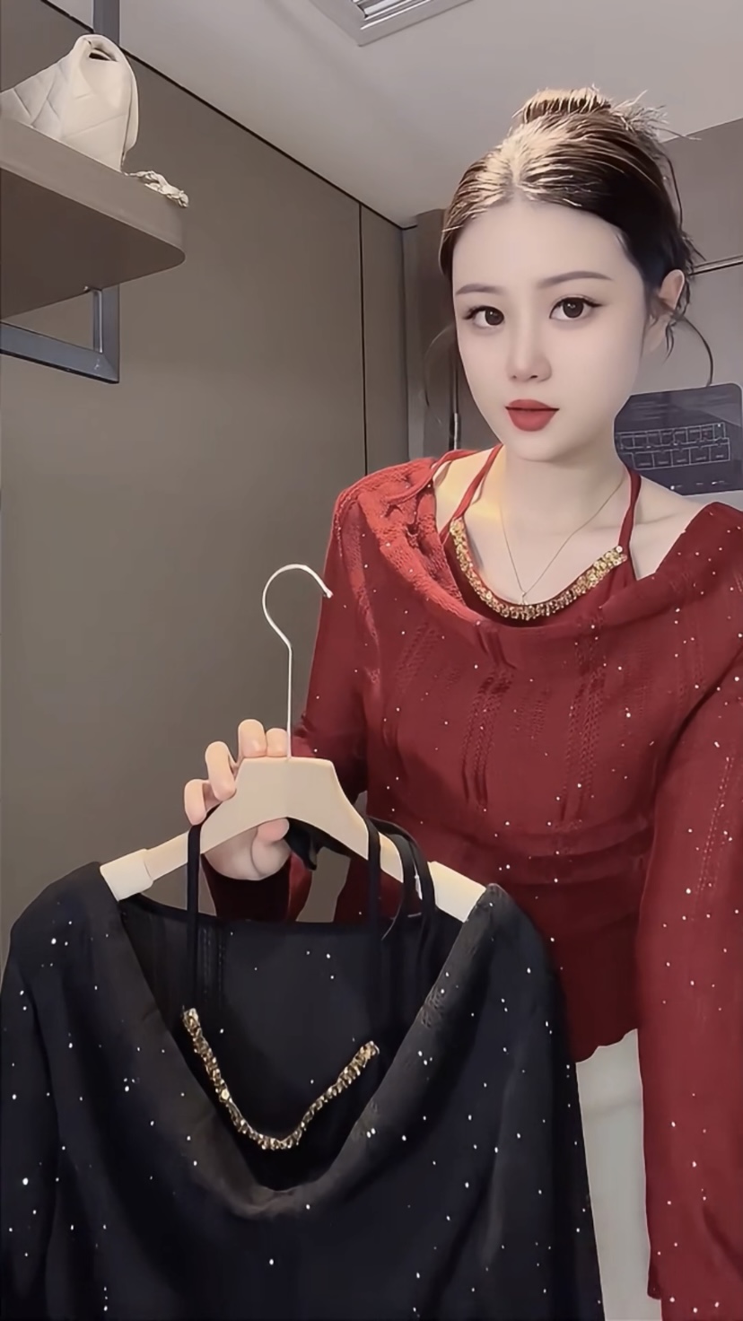 美式复古风气质荡领假两件针织衫女秋冬新款圣诞新年休闲百搭上衣