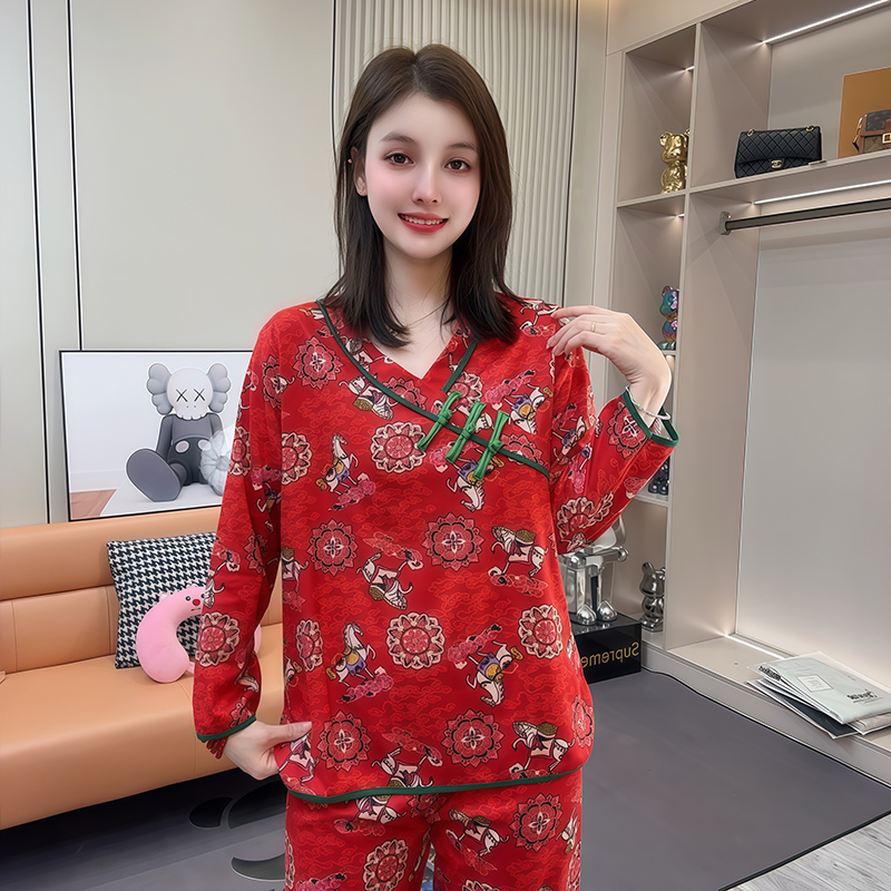 新款复古国风德绒睡衣印花小马大码宽松家居服两件套可外穿冬季款