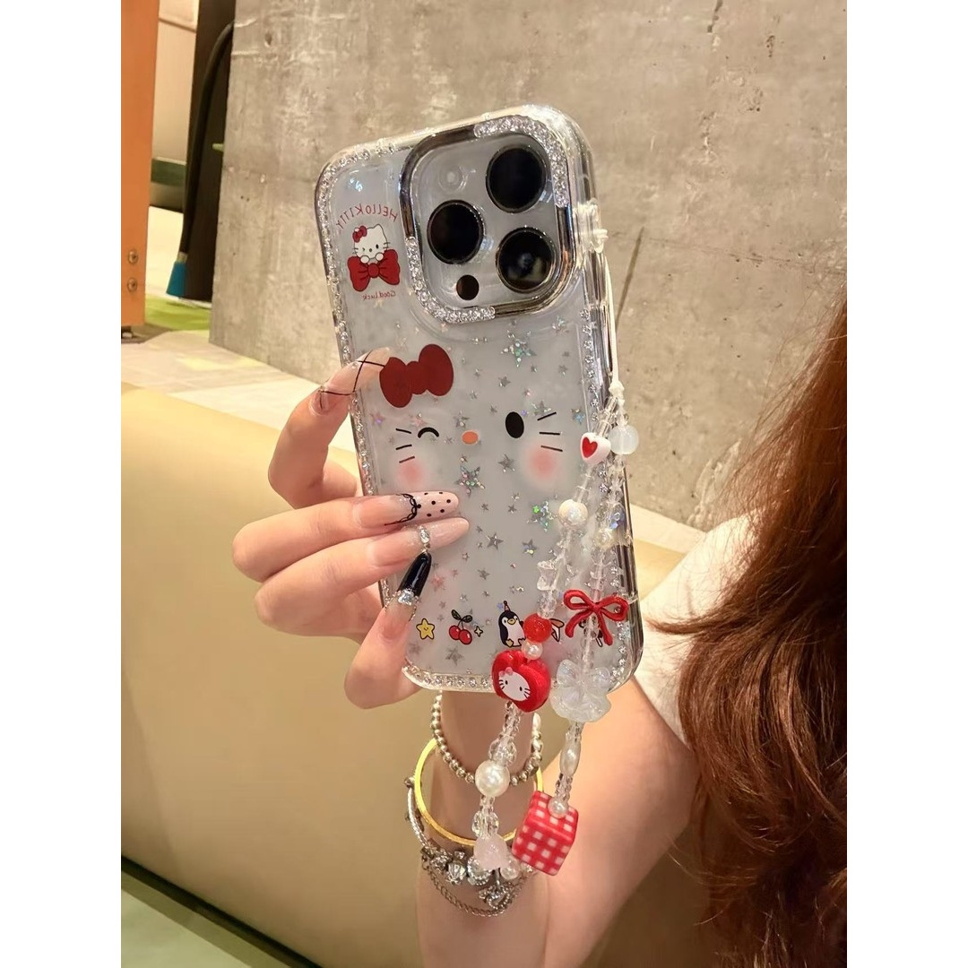 适用闪钻红蝴蝶结KT表情苹果16promax手机壳iPhone15可爱14/13/12