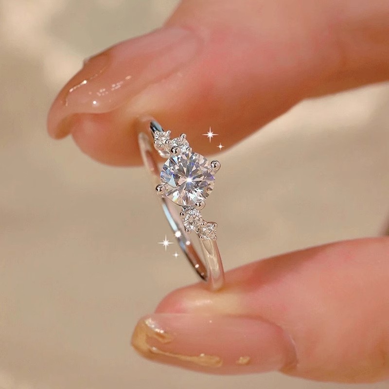 足银莫桑石戒指 莫桑石钻戒999纯银镀18k铂金求婚结婚戒指送女友