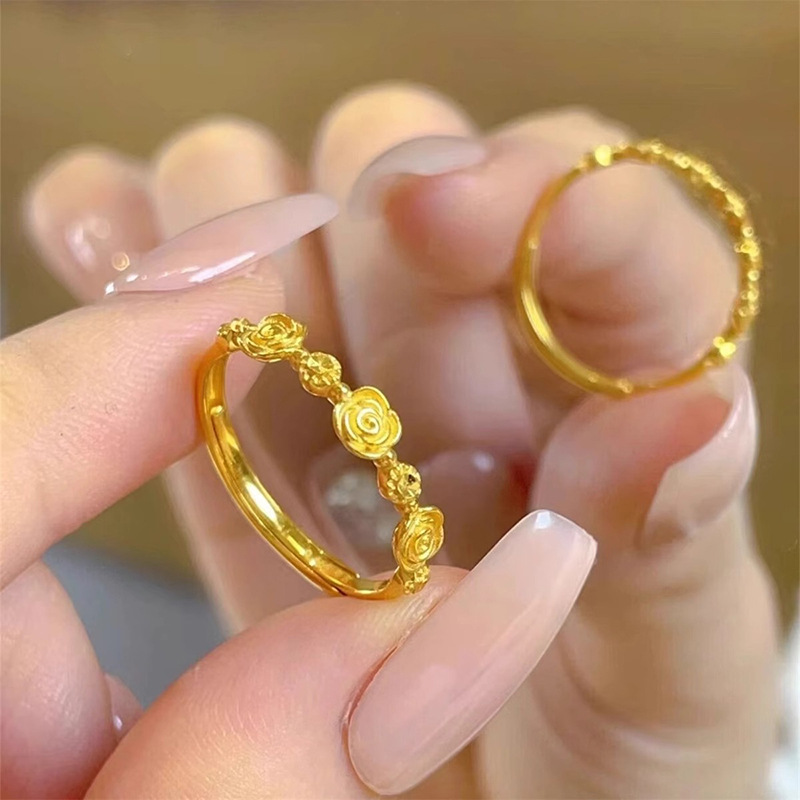 Jusong klein 铜合金戒指 复古玫瑰花戒指女甜美开口可调节指环