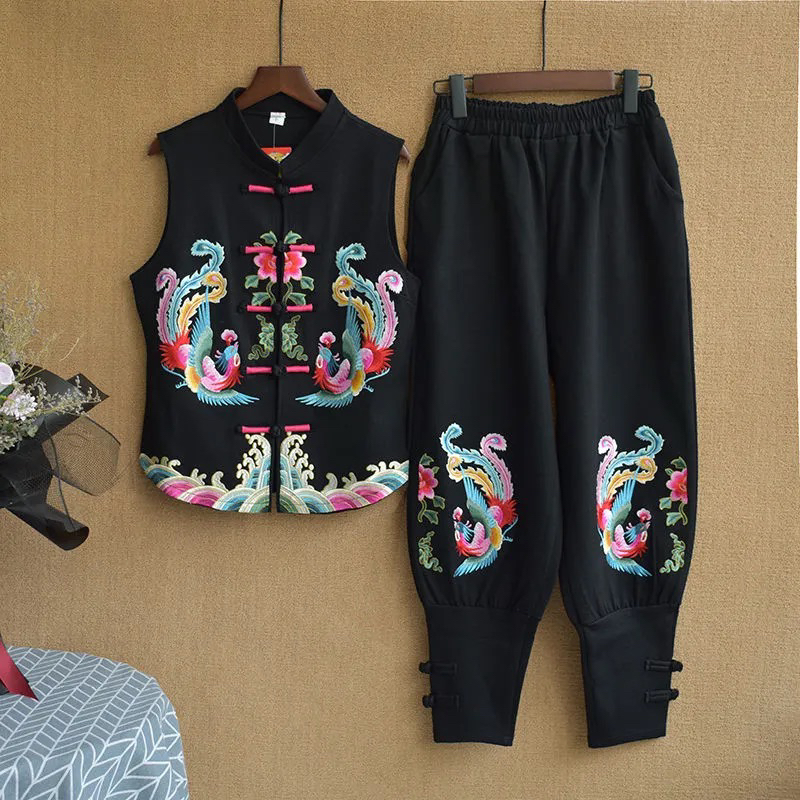 民族风女装秋冬刺绣花阔腿裤中老年妈妈跳舞甩腿裤洋气宽松大脚裤