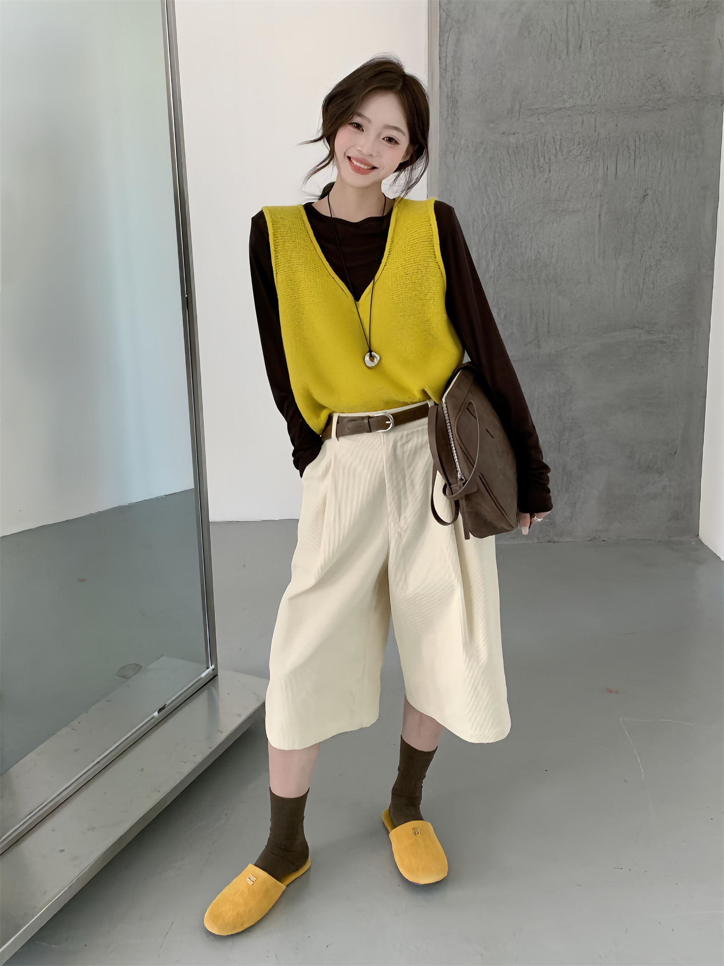 巨好看的三件套早秋韩系穿搭高级感黄色针织背心上衣阔腿裤套装女