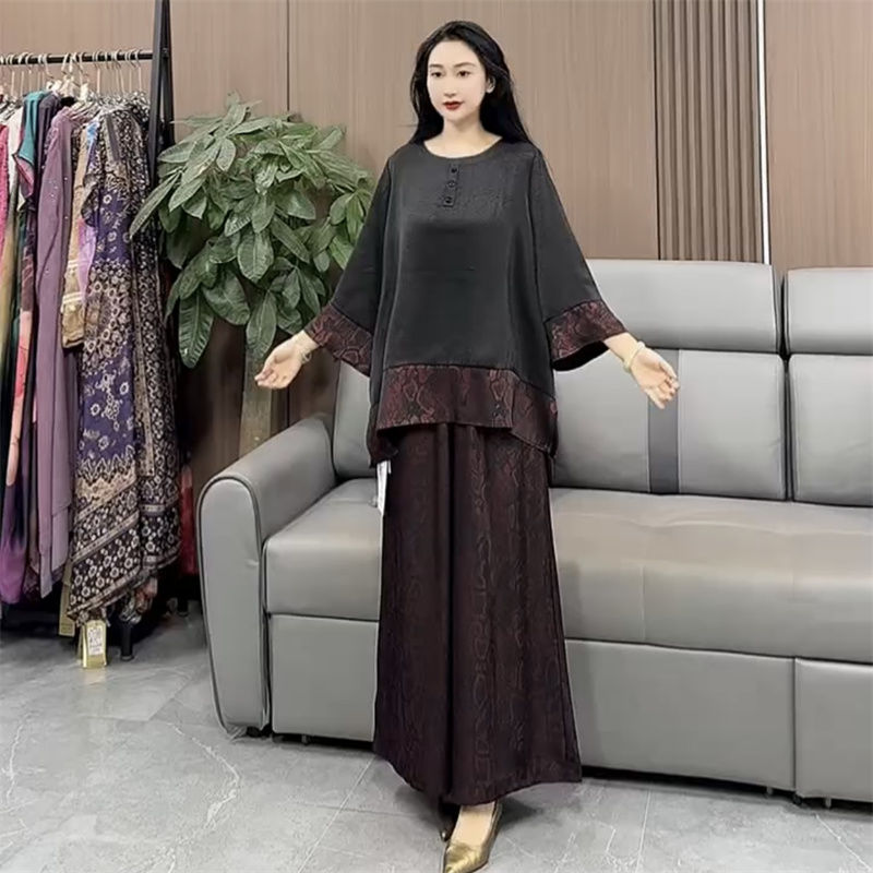 高端国风复古夏季醋酸妈妈时尚洋气宽松上衣高腰阔腿裤两件套