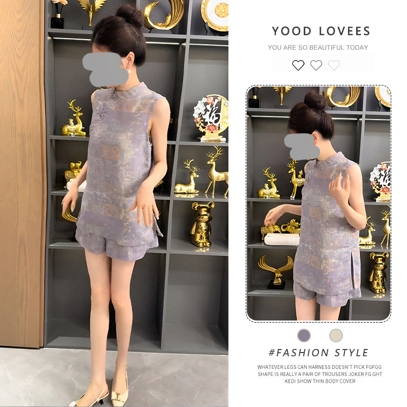 新中式国风套装2025夏季新款洋气立领盘扣无袖提花刺绣上衣+短裤