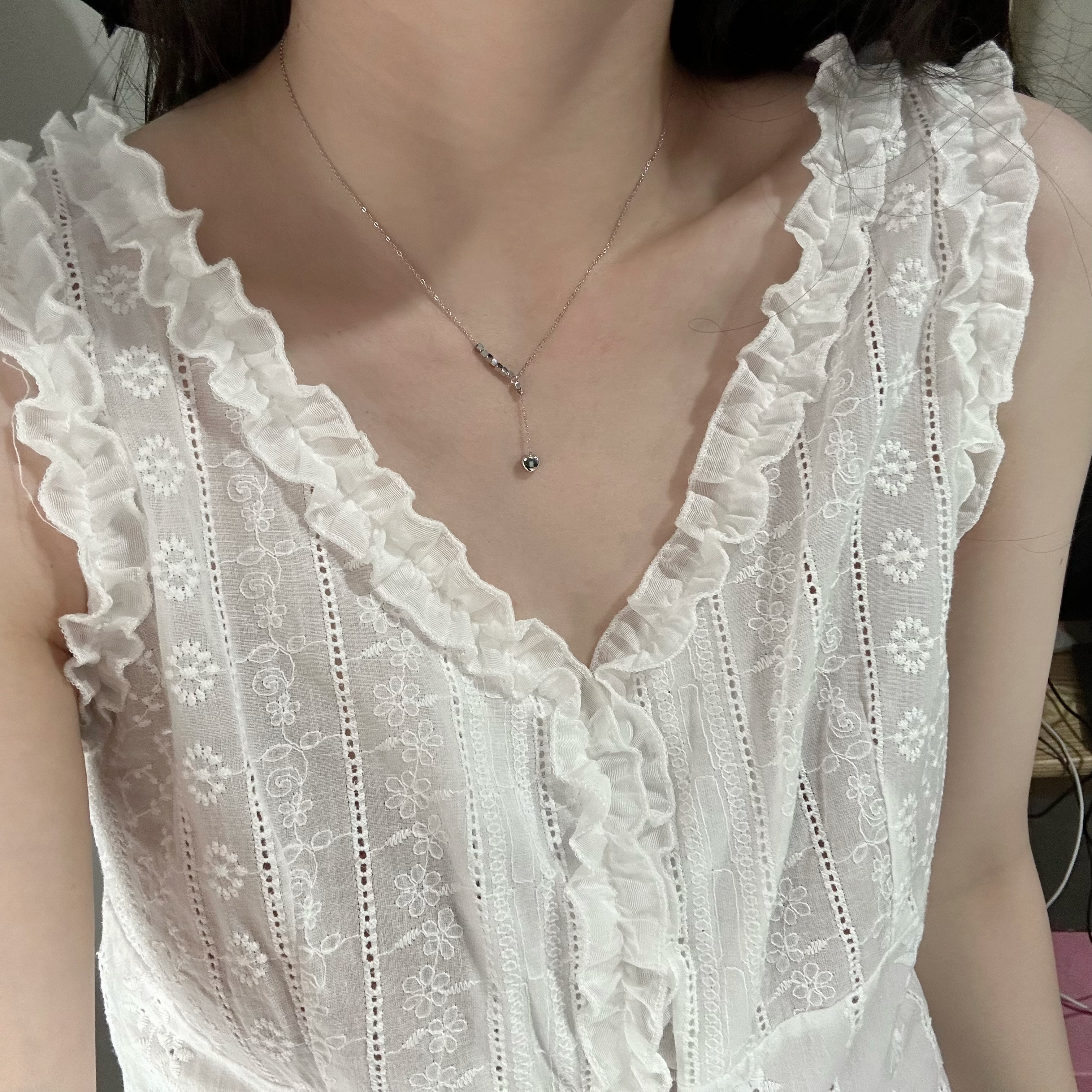 钛钢项链 8762银色方糖流苏小爱心小方块小众设计款轻奢女不掉色