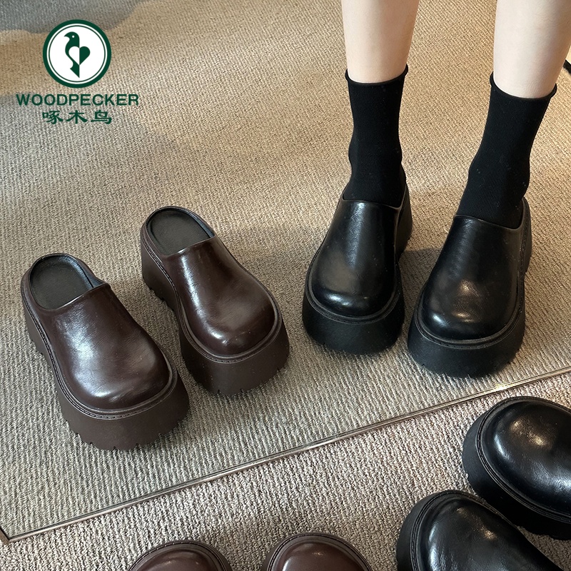 啄木鸟小个子增高包头半拖鞋女外穿2025新款春秋厚底懒人勃肯拖鞋
