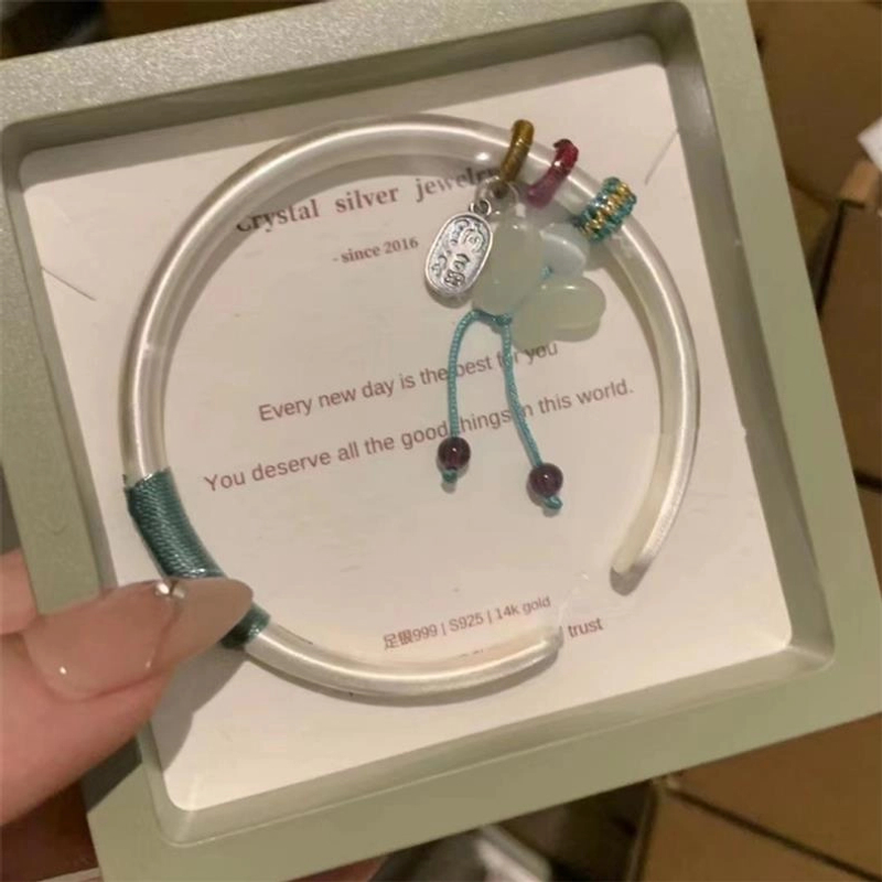 足银手镯 平安喜乐纯银开口手镯女复古实心手环情人节礼物送女友