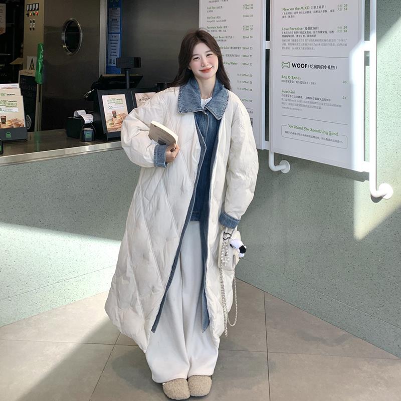 米白色韩系牛仔拼接假两件羽绒服女2025冬加厚保暖长款白鸭绒外套