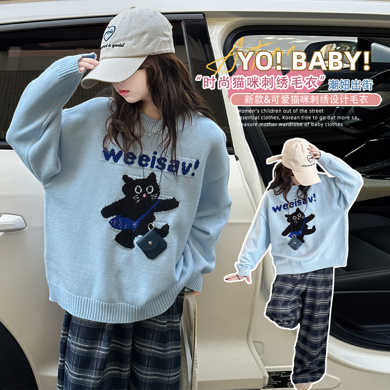 女童春秋韩系卡通小猫12-15岁字母毛衣中大童女孩针织衫9-15岁