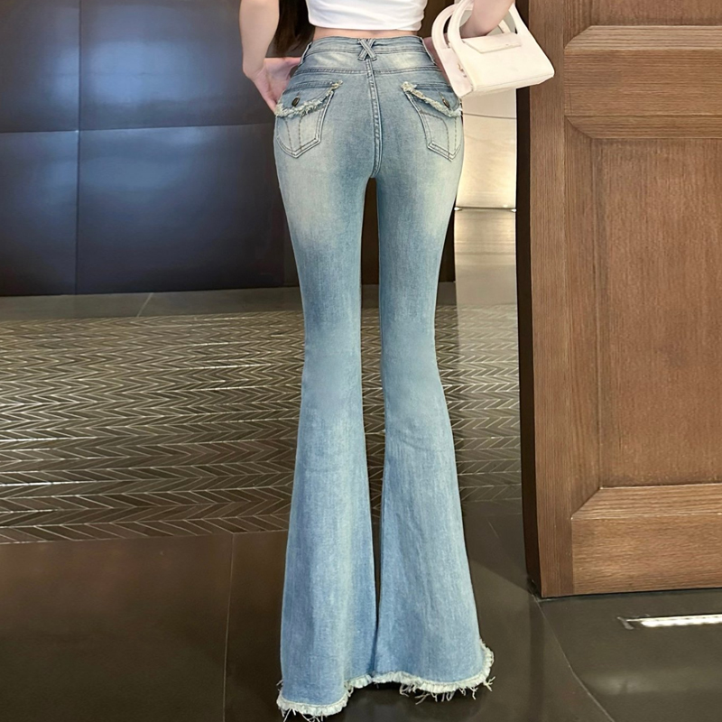 浅蓝色百搭微喇牛仔裤女春夏季辣妹高腰提臀修身显瘦垂感拖地长裤