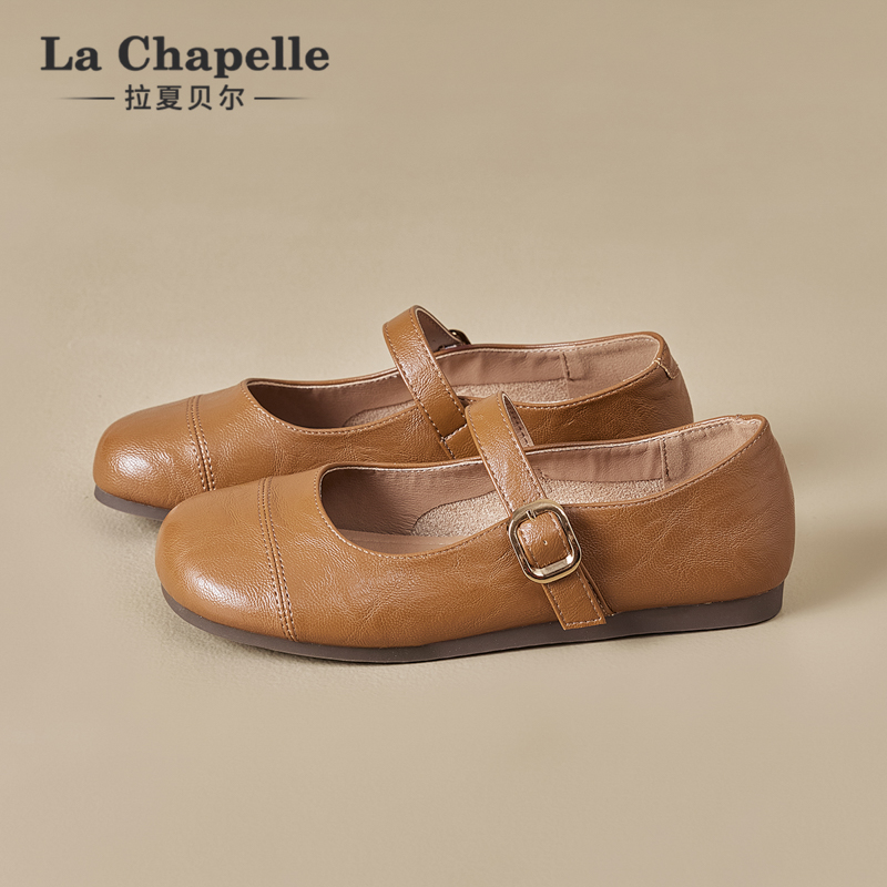 拉夏贝尔棕色玛丽珍冬季单鞋2025新款女士平底复古浅口单鞋配裙子