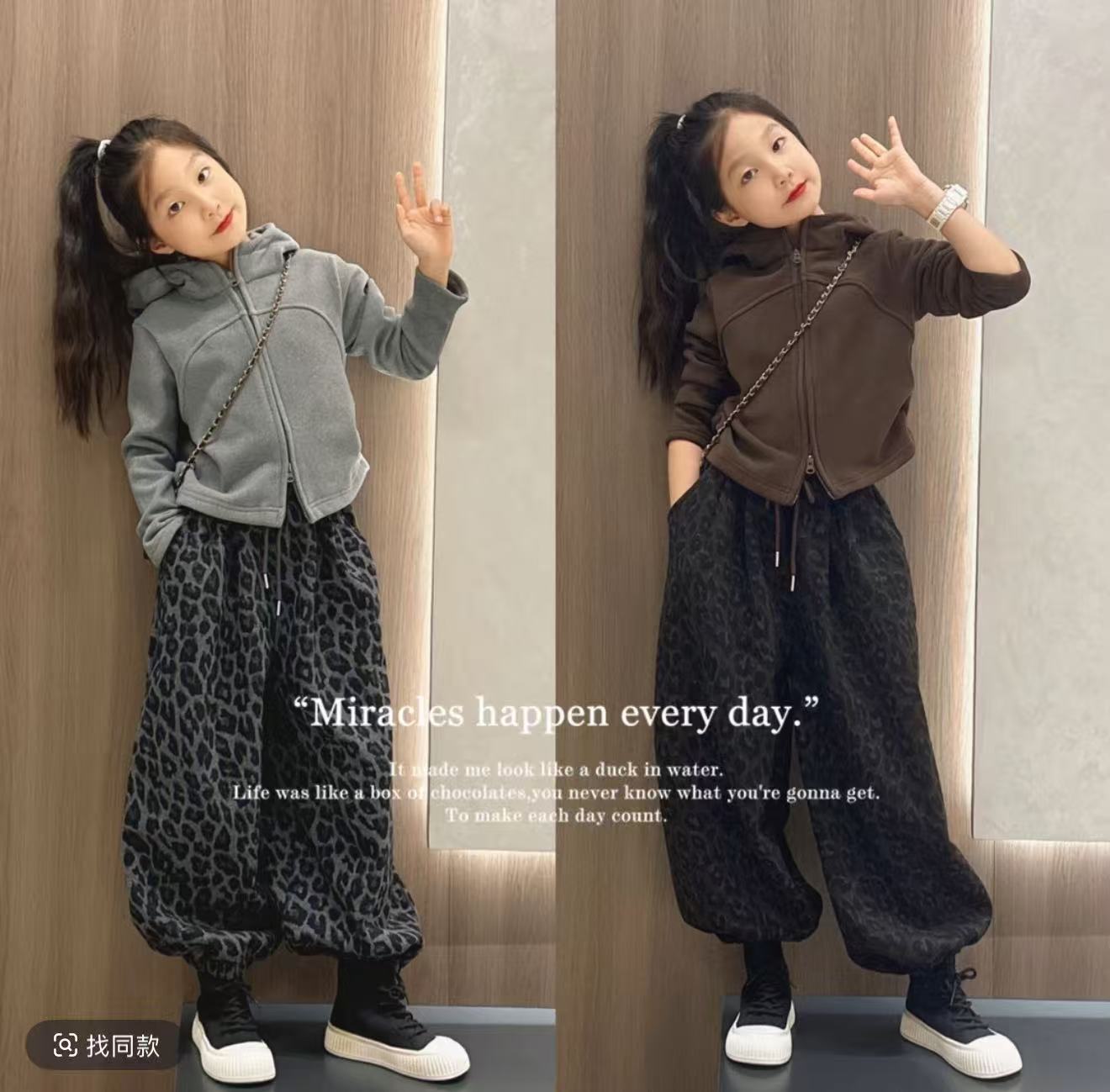 女童美式秋冬季加绒豹纹裤2025新款爵士舞运动宽松灯笼裤套装