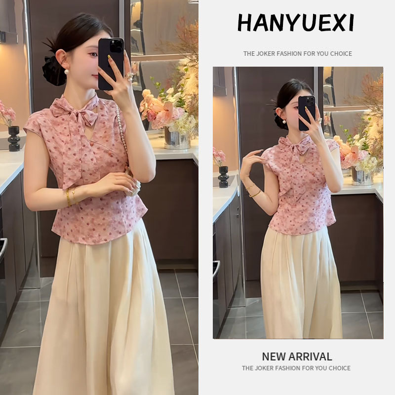 夏季气质一整套女装2025新款小香风绑带短袖衬衫百搭阔腿裤两件套