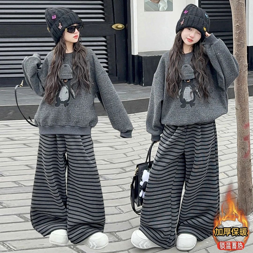女童秋冬款韩版休闲套装女大童时髦洋气儿童加绒卫衣卫裤运动服潮