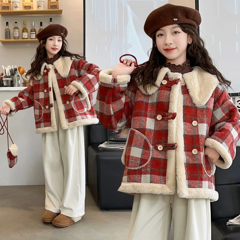 女童加厚皮毛一体外套秋冬款新款女大童冬装儿童加绒格子毛呢大衣